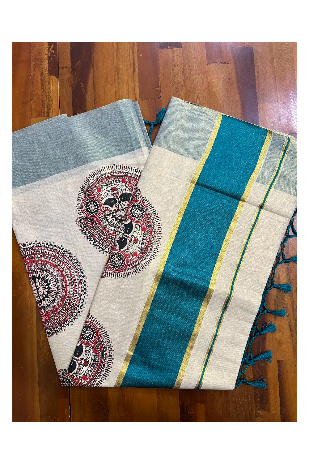 Kerala Tissue Kasavu Saree with Theyyam Mural Printed Designs and Teal Green Border