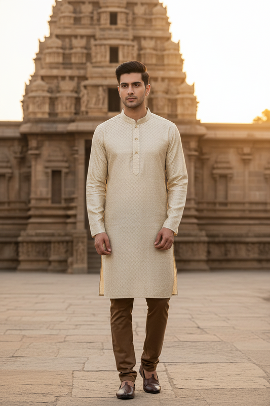 Southloom Semi Silk Short Kurta for Men in Beige Colour