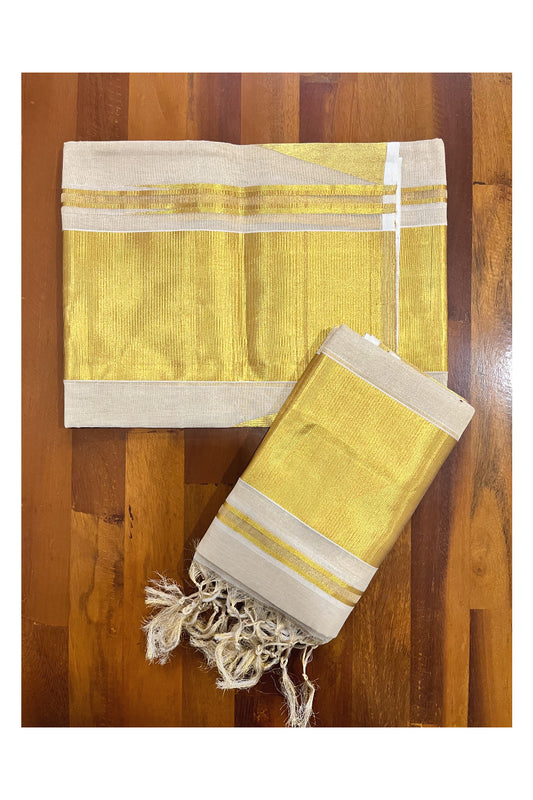 Southloom Handloom Premium Tissue Kasavu Set Mundu (Mundum Neriyathum) with Temple Border