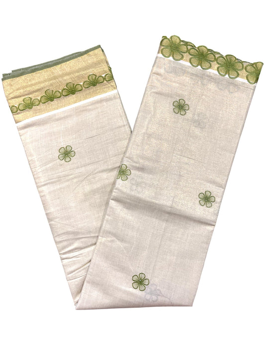 Southloom Kerala Tissue Kasavu Saree with Olive Green Floral Embroidery on Body and Border