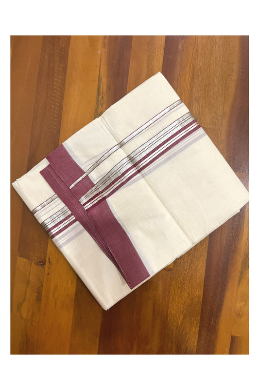 Pure Cotton 100x100 Double Mundu with Silver Kasavu and Maroon Border (Onam Mundu 2023)