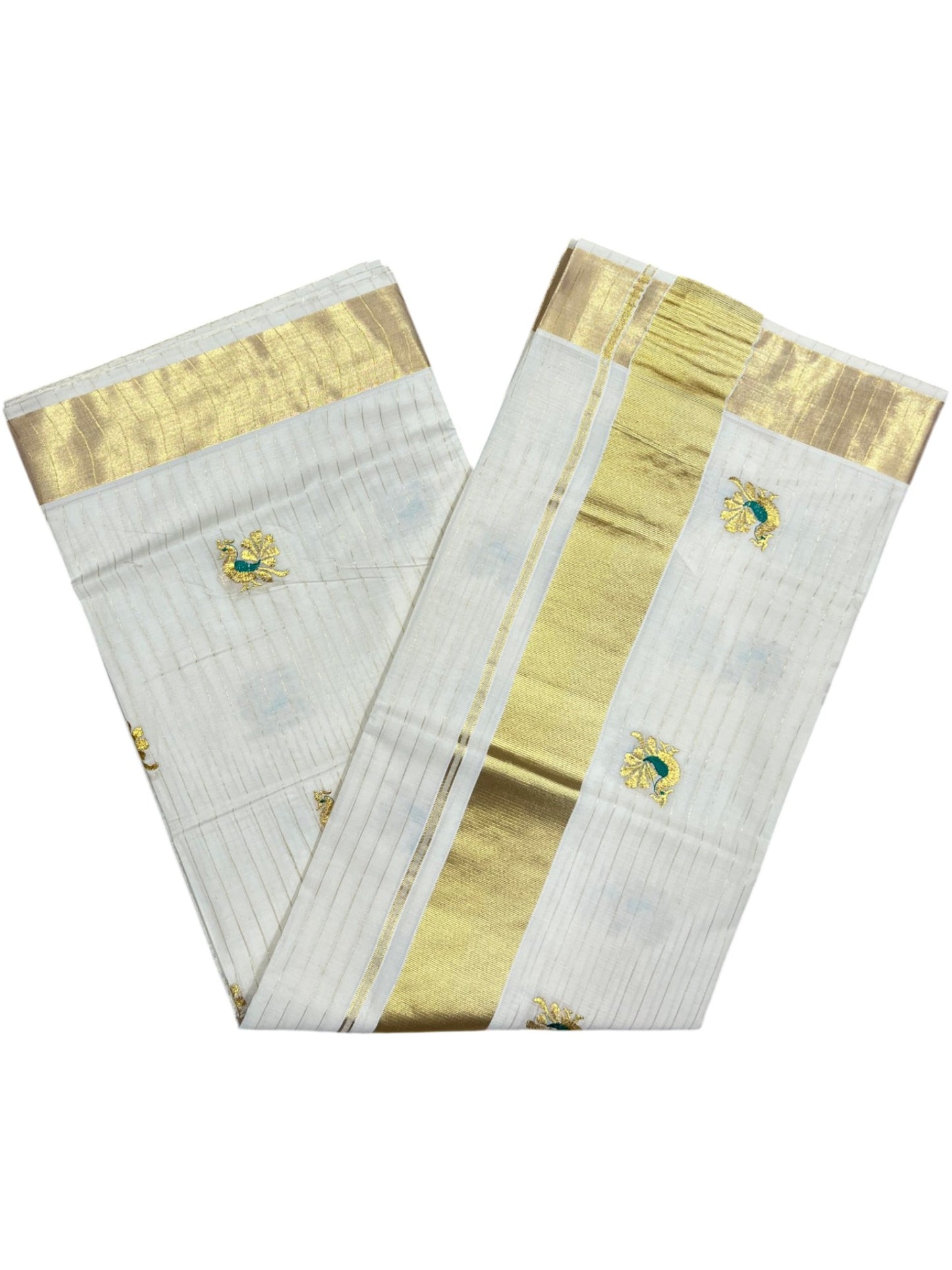 Southloom Cotton Kerala Kasavu Lines Saree with Peacock Embroidery Work on Body in Peacock Green