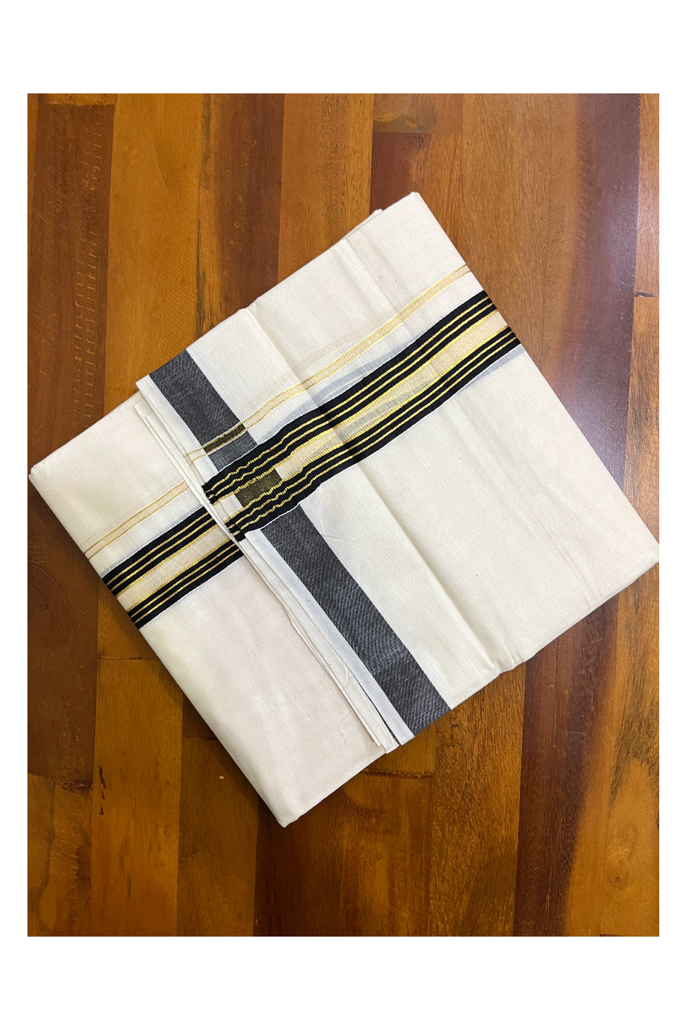 Kerala Pure Cotton Double Mundu with Black and Kasavu Lines Border (South Indian Kerala Dhoti)