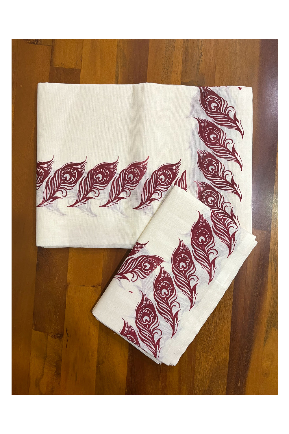 Kerala Pure Cotton Set Mundu Single (Mundum Neriyathum) with Maroon Feather Block Printed Border