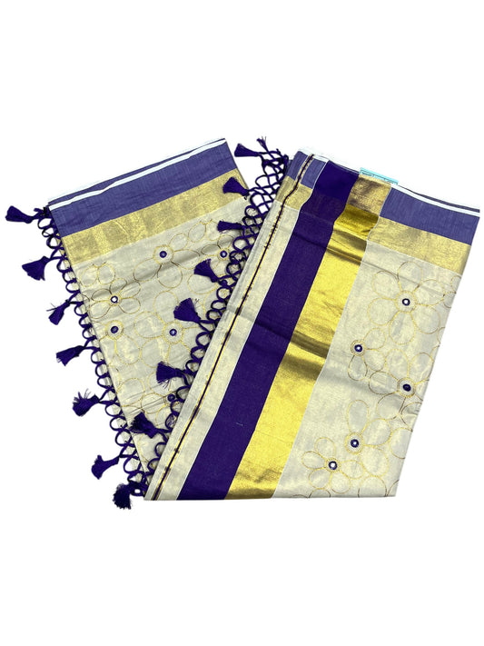 Kerala Tissue Kasavu Stripes Saree with Gold and Violet Floral Embroidery Design on Body