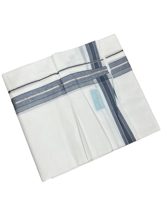 Southloom Kerala Pure White Cotton Double Mundu with Silver Line & Gray Border (South Indian Dhoti)