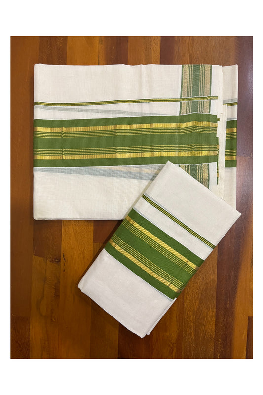 Kerala Cotton Set Mundu (Mundum Neriyathum) with Olive Green and Kasavu Border 2.80 Mtrs