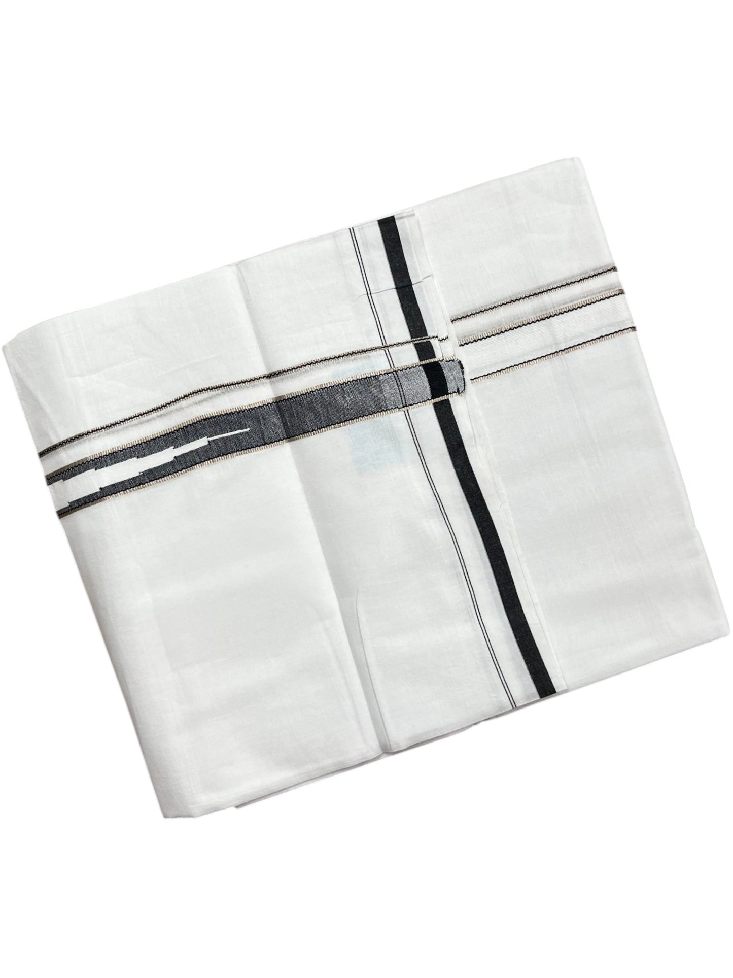 Southloom Pure White Cotton Double Mundu with Silver and Black Chutti Kara (South Indian Dhoti)