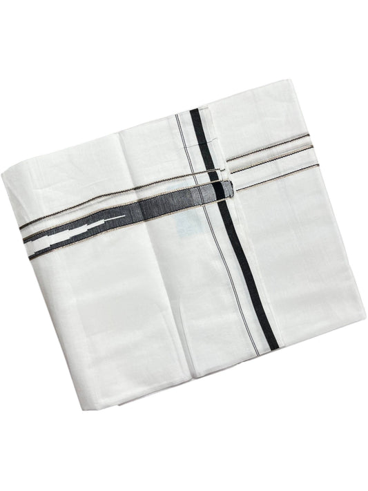 Southloom Pure White Cotton Double Mundu with Silver and Black Chutti Kara (South Indian Dhoti)