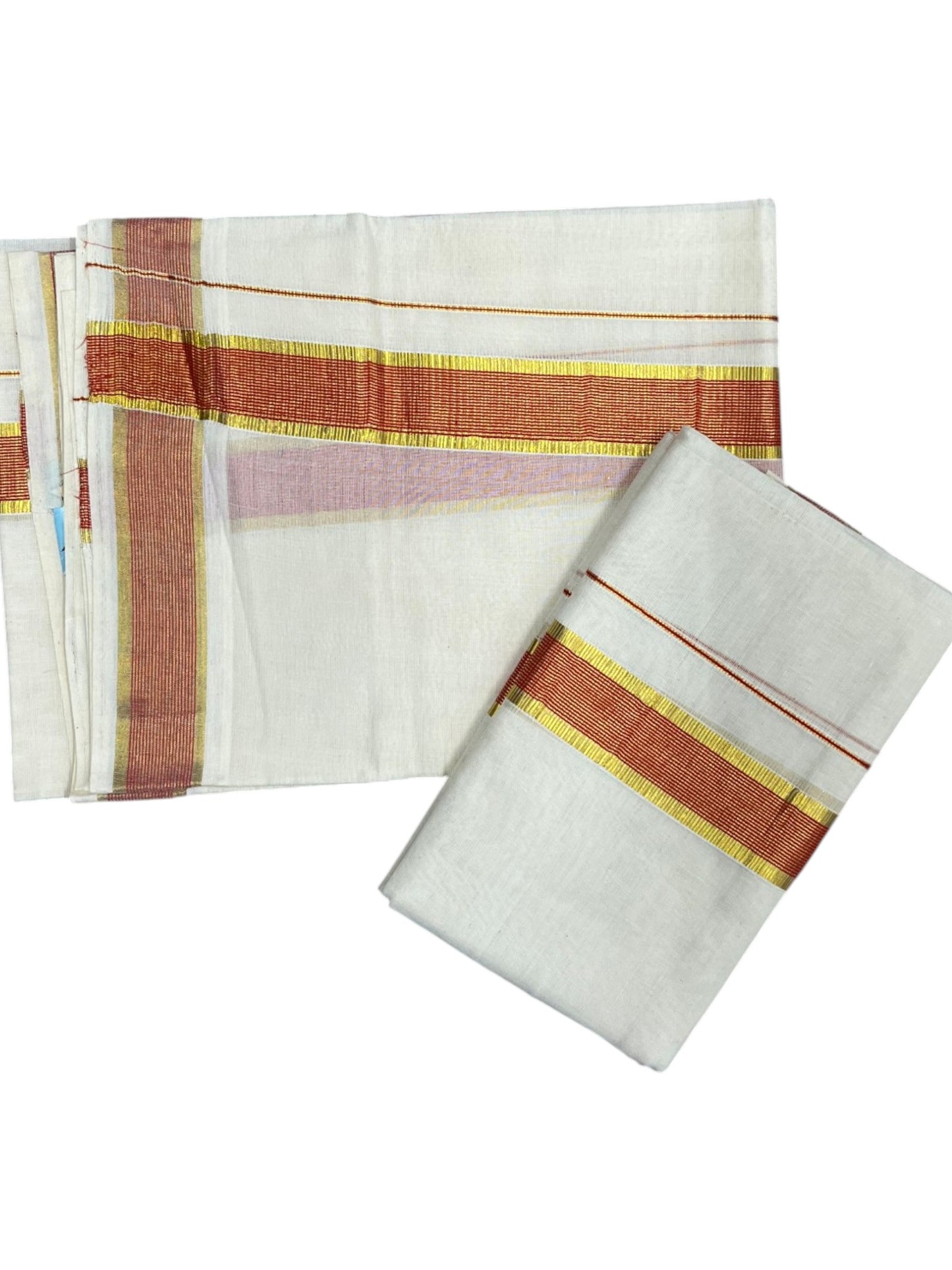 Southloom Pure Cotton Kerala Kasavu Set Mundu (Mundum Neriyathum) Kasavu & Orange Border in 2.80 Mtrs SLKK SL470