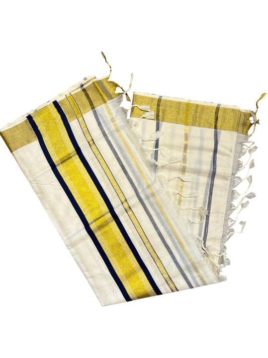 Southloom Kerala Cotton Kasavu Saree with Gold And Blue Lines on Body