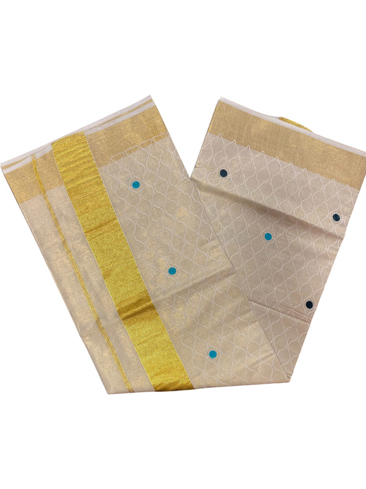 Kerala Tissue Kasavu Saree with Blue and Green Polka with Embroidery Works