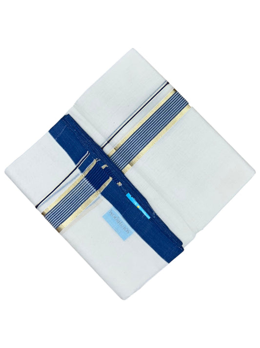 Southloom Balaramapuram Premium Handloom Cotton Double Mundu with Gold Kasavu and Blue Border