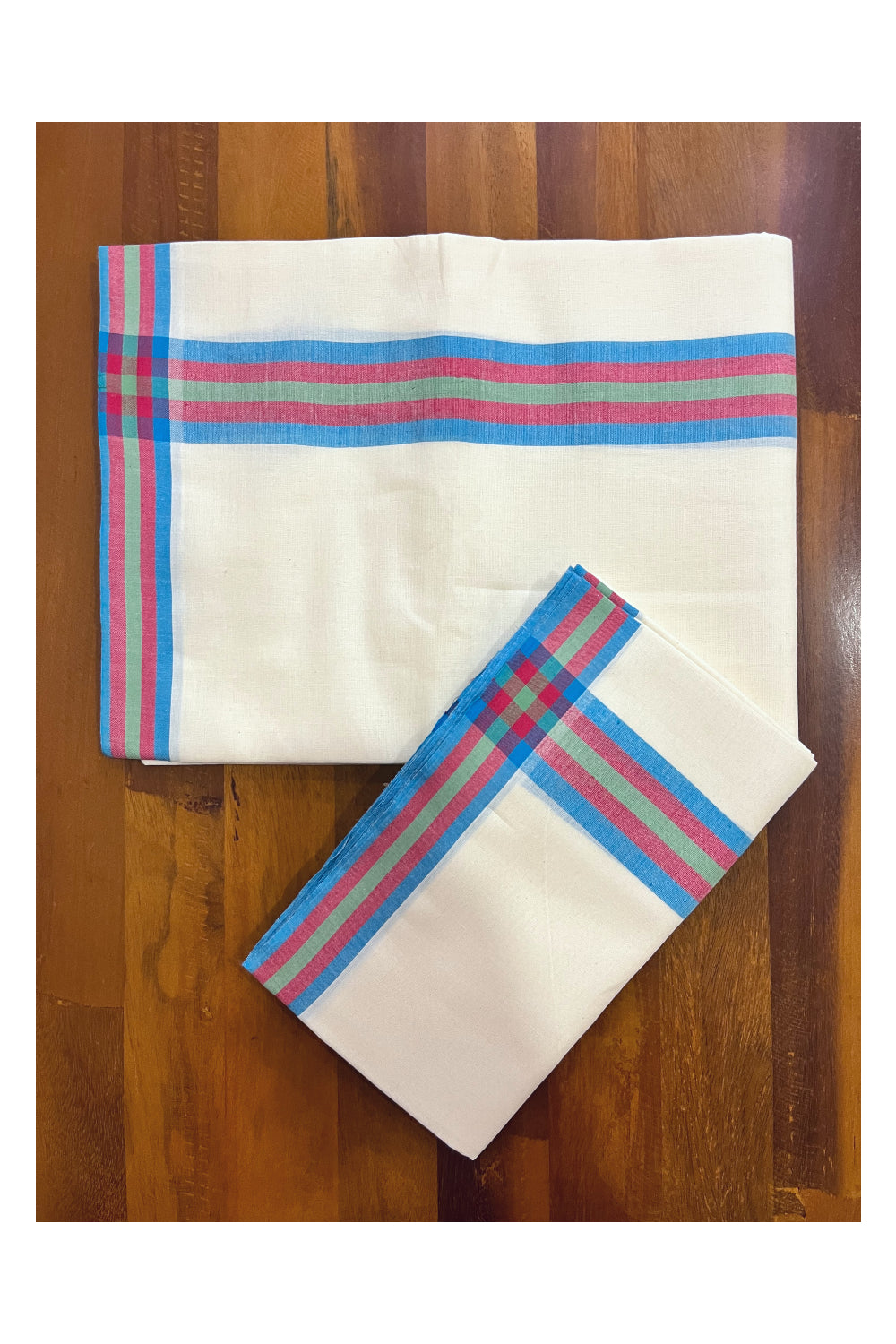 Kerala Mulloth Cotton Single Mundum Neriyathum with Blue Maroon Green Border (Extra Soft Cotton)