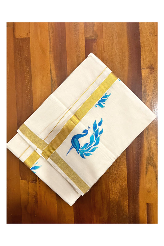 Kerala Pure Cotton Double Mundu with Blue Peacock Mural Painted Design on Kasavu Border (South Indian Kerala Dhoti)