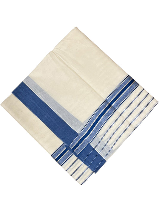 Southloom Kerala Pure Cotton Double Mundu with Blue And Silver Lines Border (South Indian Dhoti)