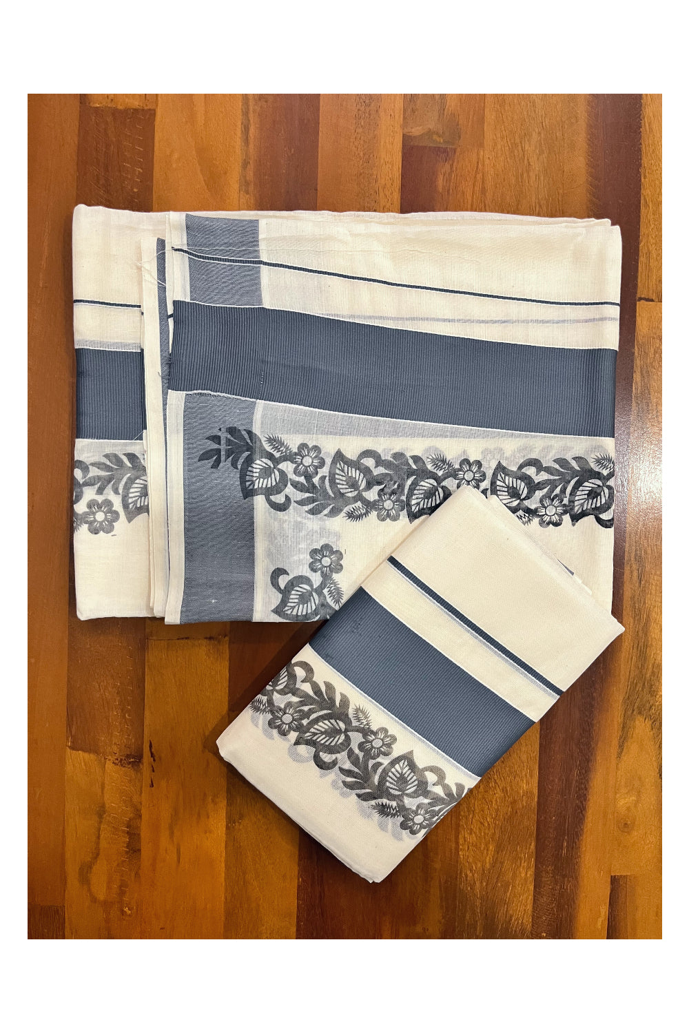 Kerala Pure Cotton Set Mundu Single (Mundum Neriyathum) with Grey Floral Block Prints