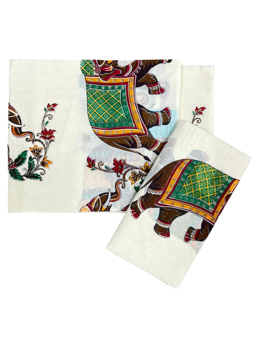 Southloom Cotton Single Set Mundu (Mundu Neriyathum) With Elephant Digital Floral Print in 2.80 Mtrs