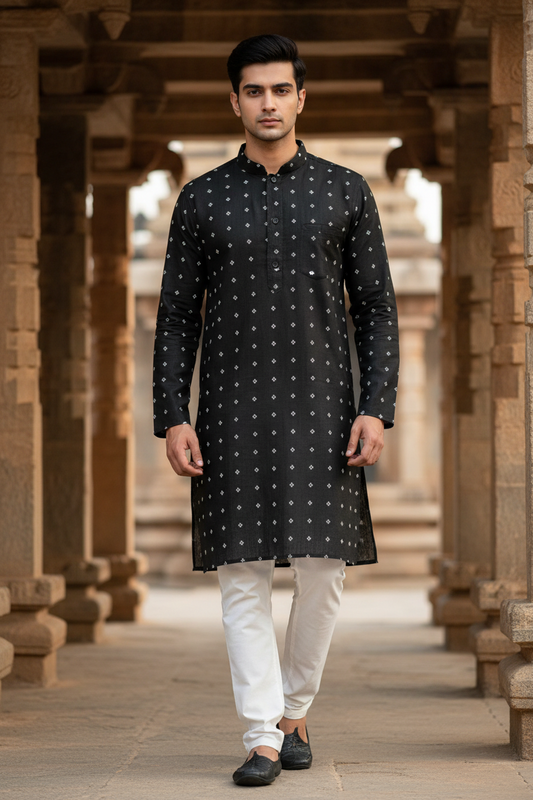 Southloom Black Woven Patterns Semi Silk Short Kurta for Men