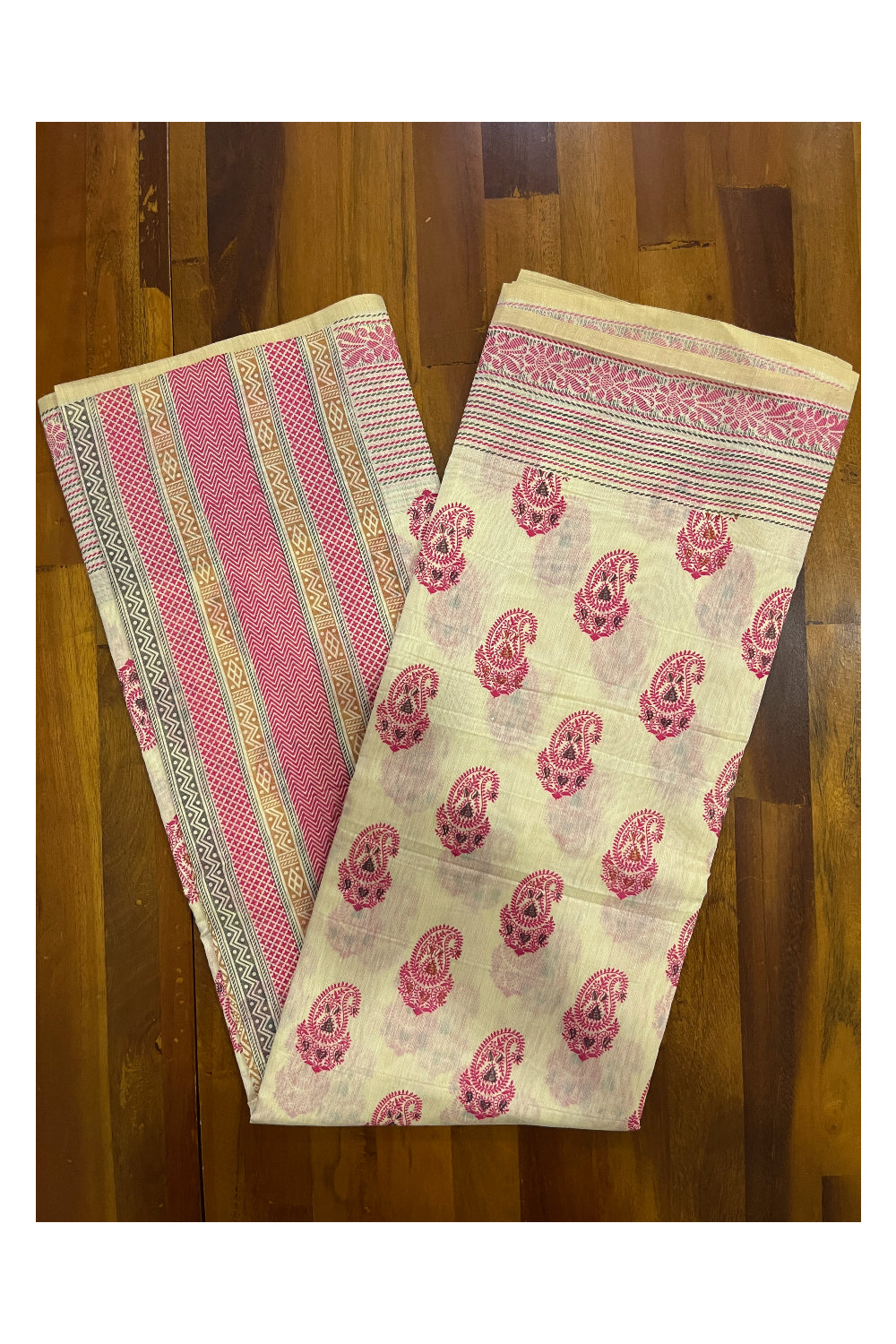 Southloom Cotton Light Brown Saree with Magenta Paisley Prints