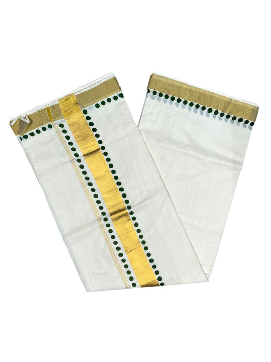 Southloom Cotton Kerala Kasavu Saree with olive Green Polk Dots Design Border