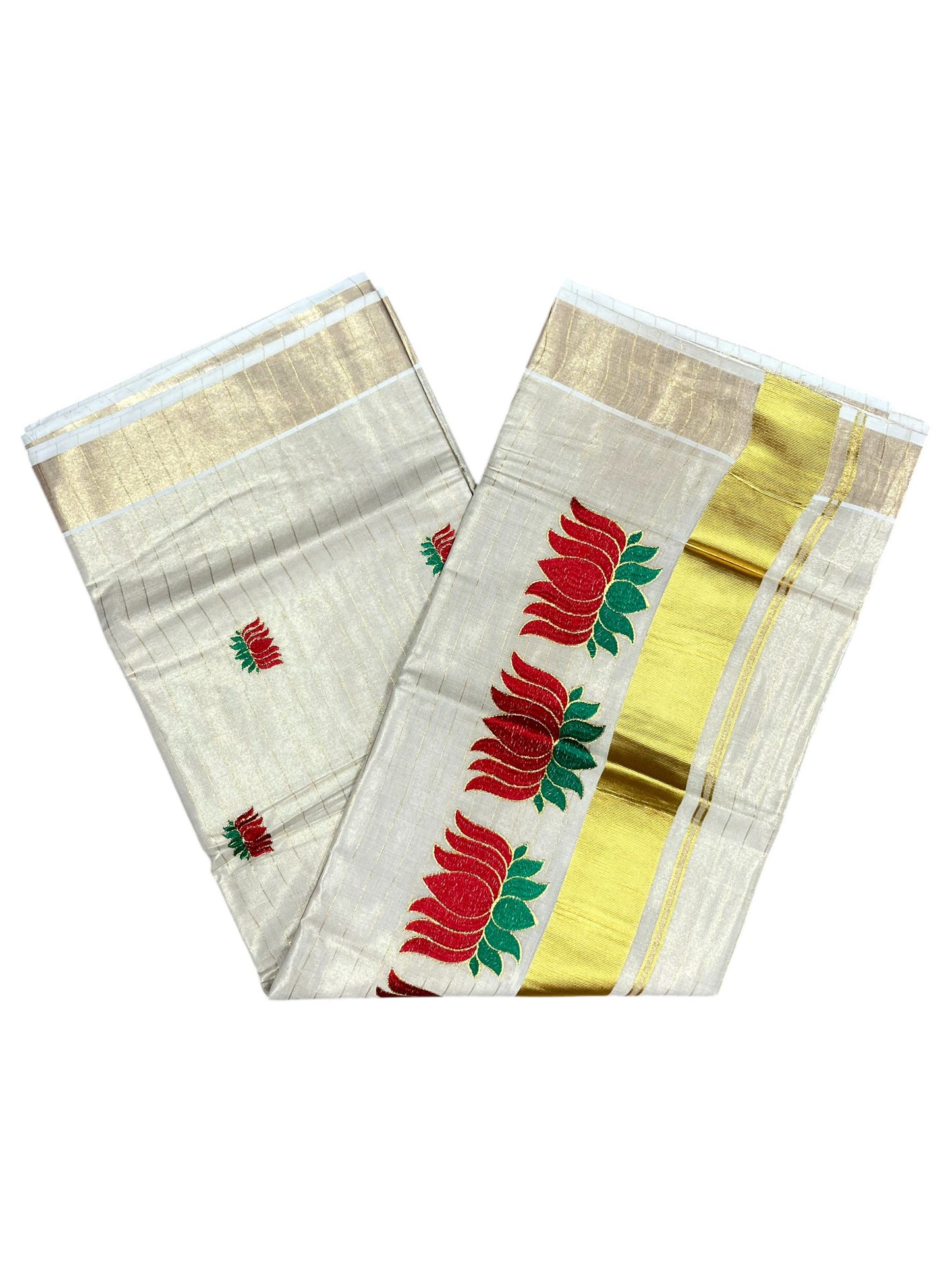 Southloom Kerala Tissue Lines Kasavu Saree with Red And Green Lotus Embroidery Works SL289