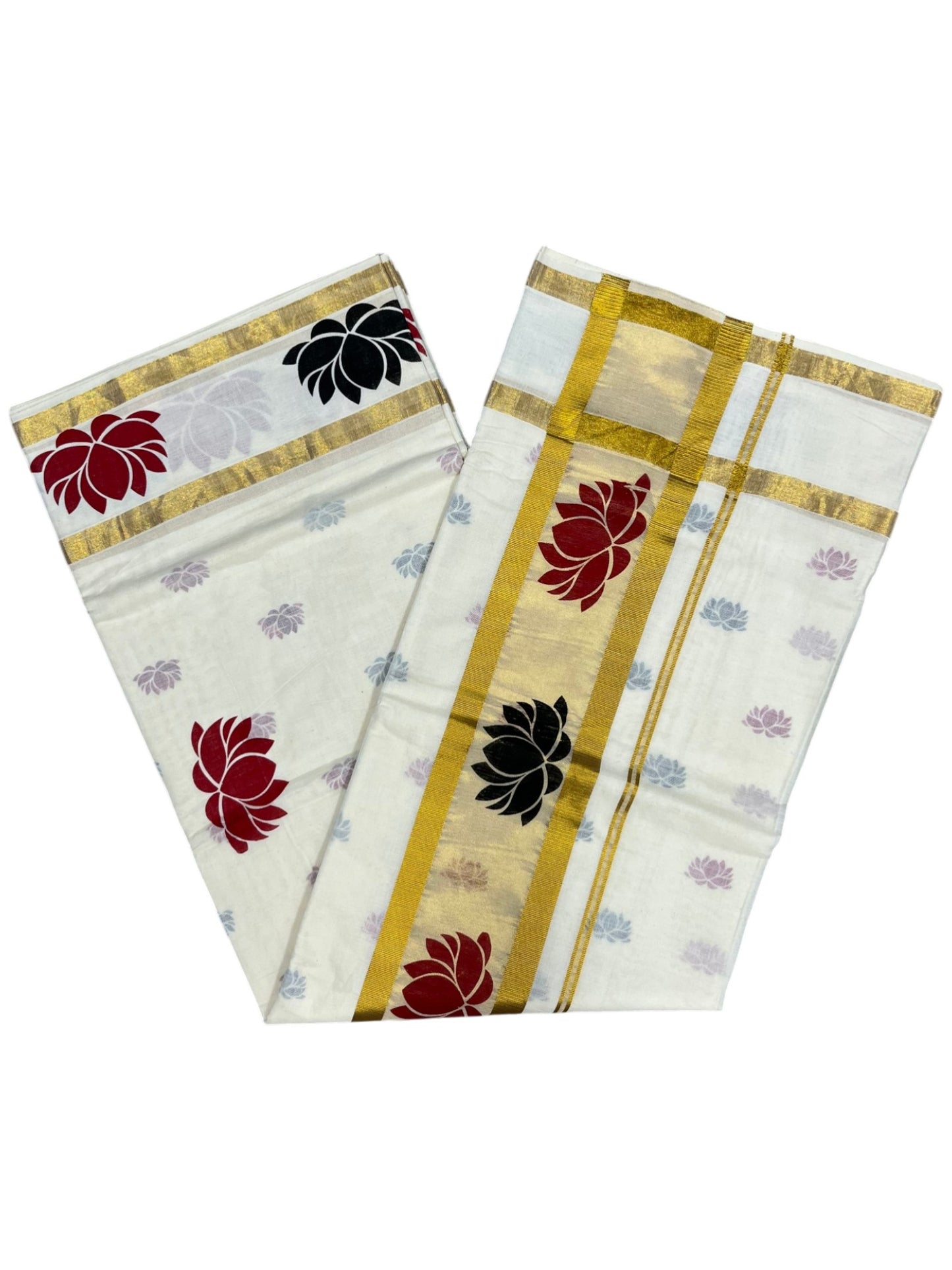 Southloom Cotton Kerala Kasavu Saree with Lotus Block Prints on Body and Border in Black and Maroon