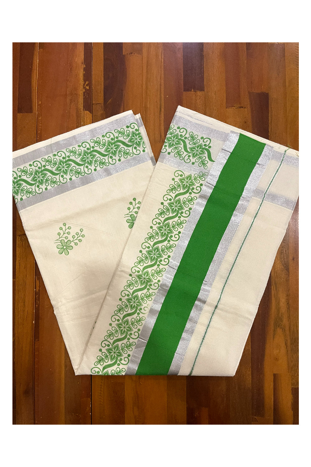 Pure Cotton Off White Kerala Saree with Light Green Floral Block Printed Silver Border (Onam Saree 2023)