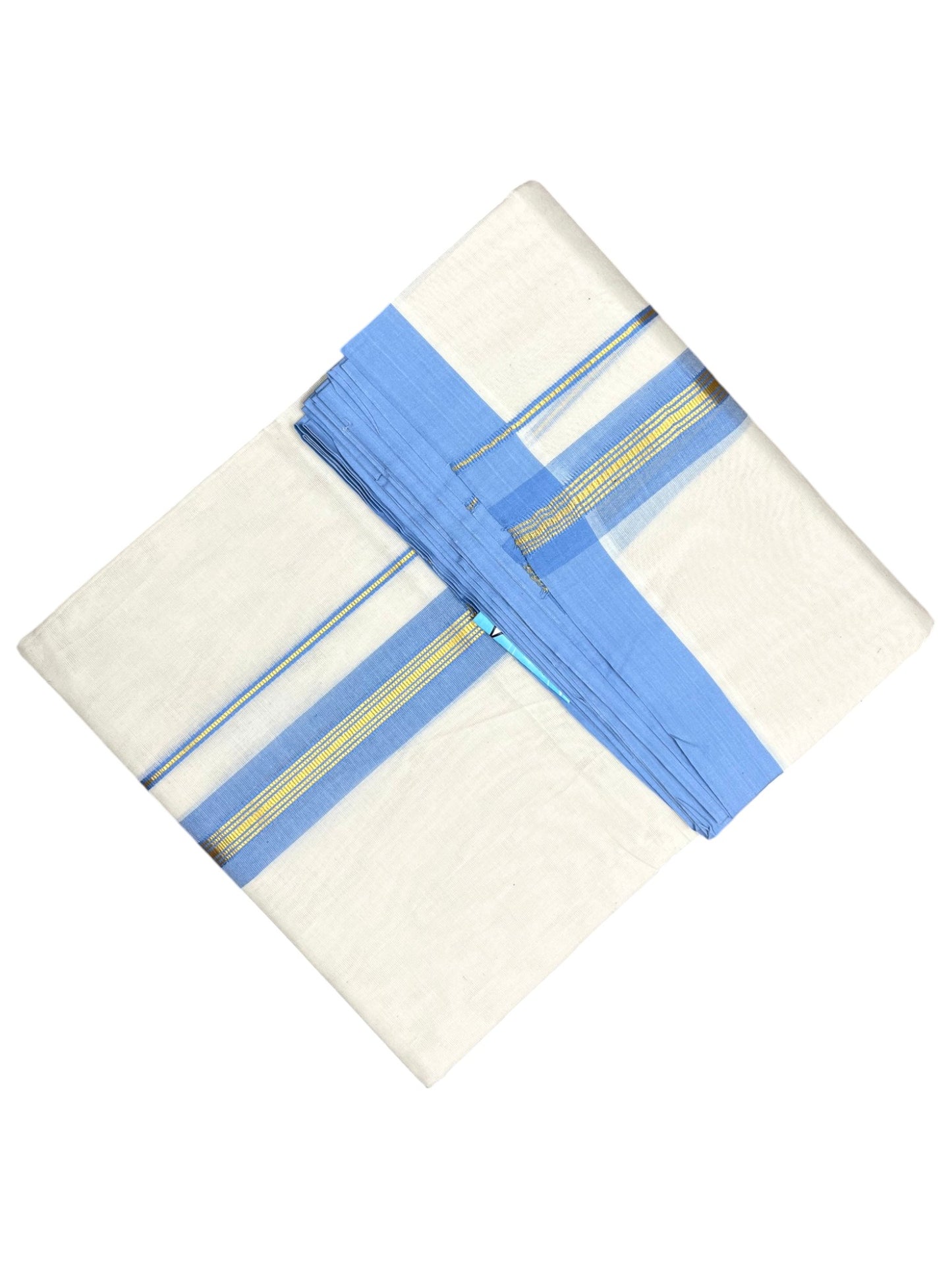 Southloom Pure Cotton Mundu with Gold Lines and Blue Border (South Indian Kerala Dhoti)