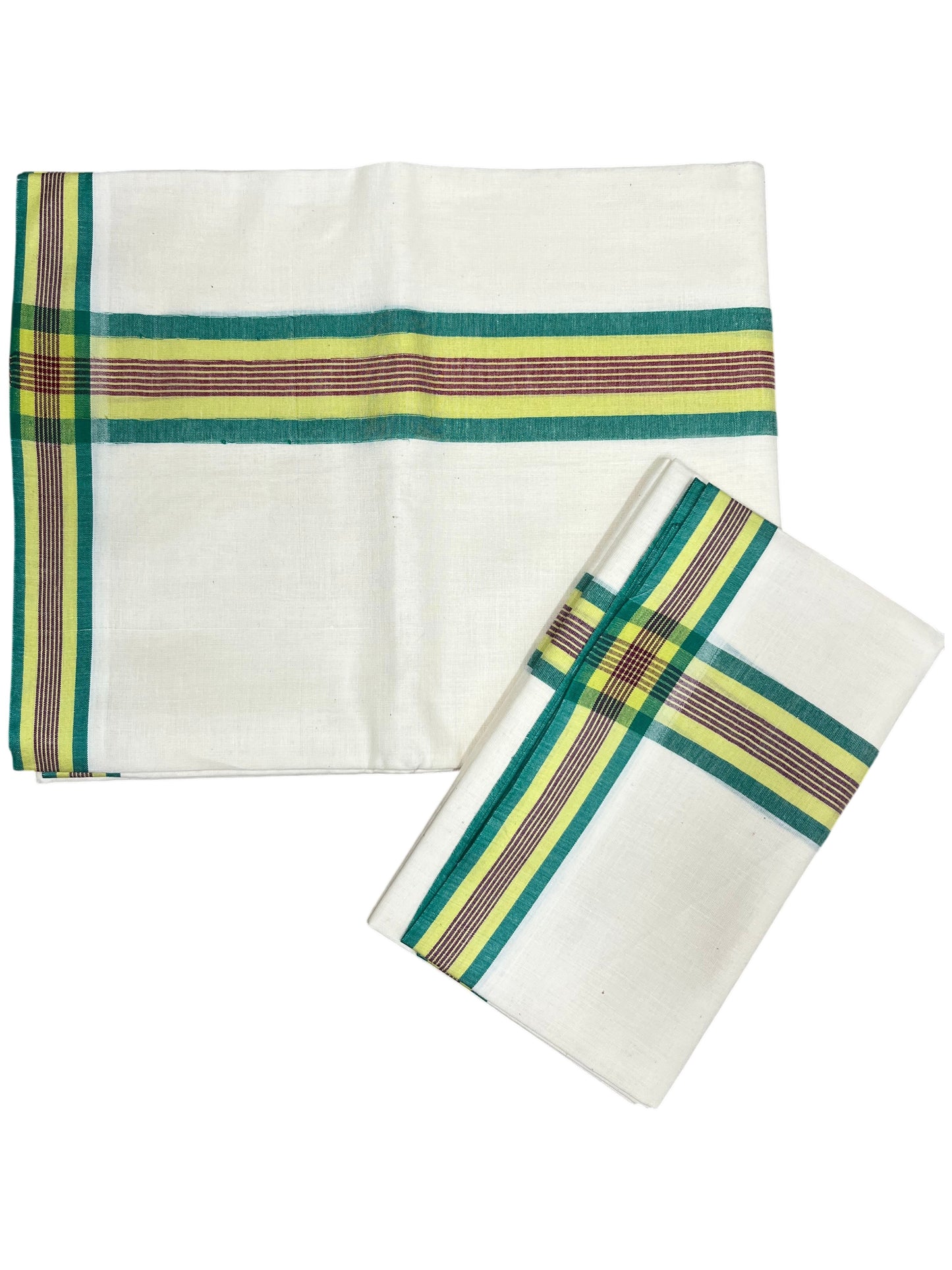 Southloom Kerala Mulloth Cotton Single Mundum Neriyathum with Green and Yellow Border SL243