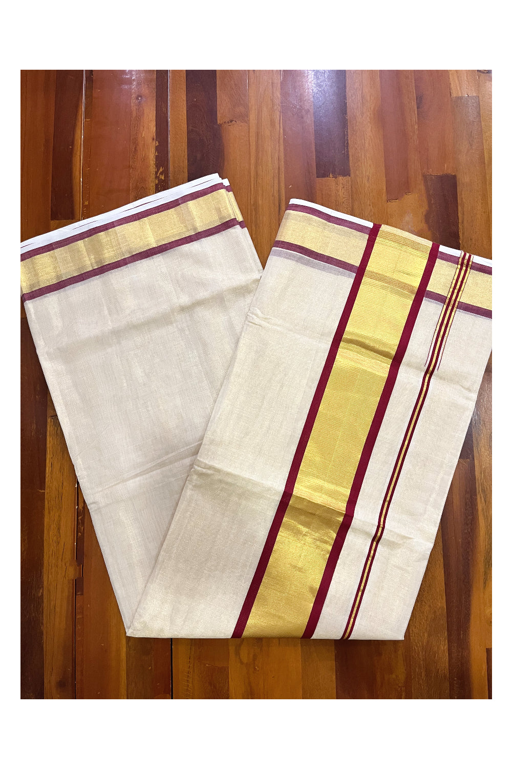 Southloom™ Premium Handloom Tissue Saree with Kasavu and Maroon Border