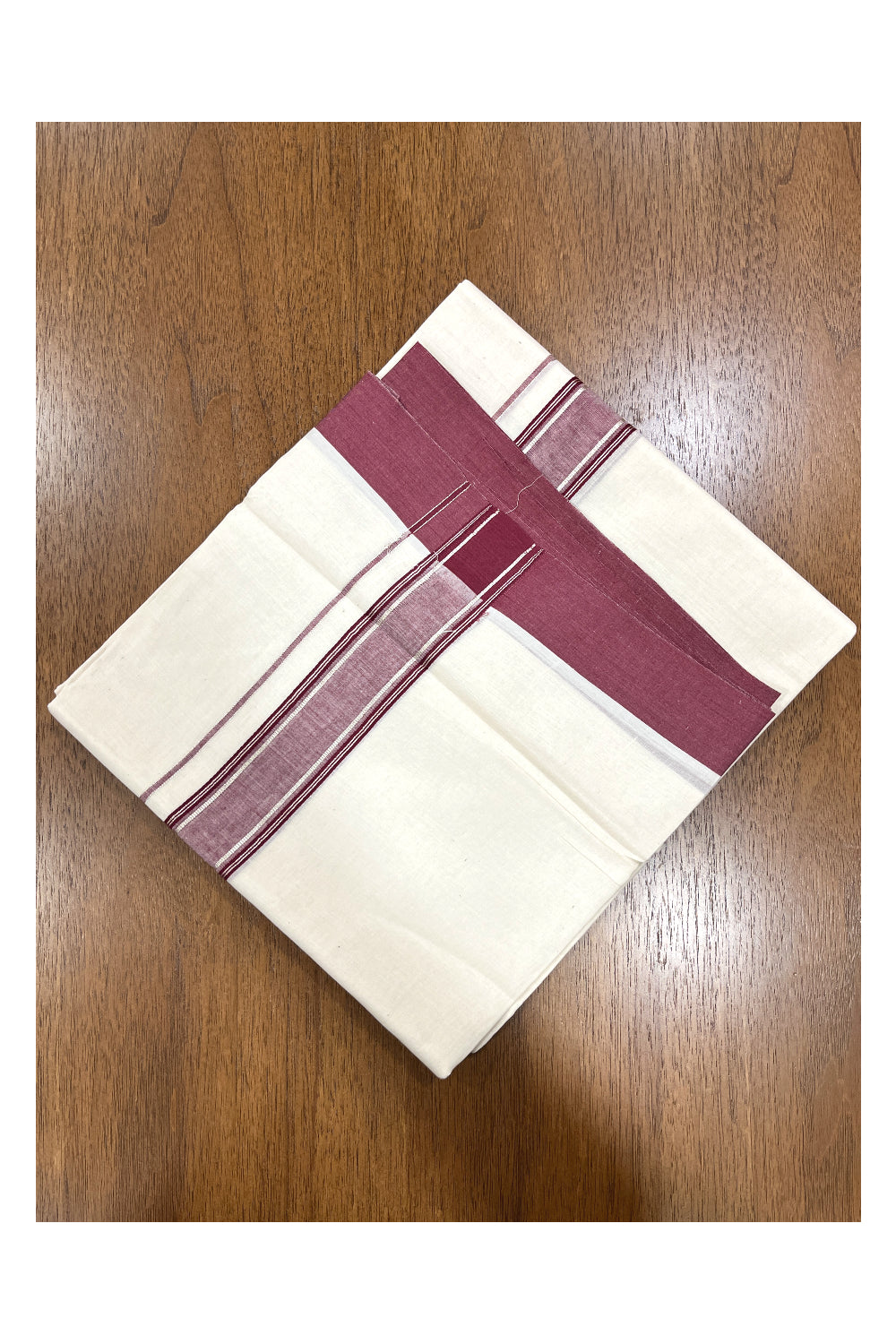 Pure Cotton Double Mundu with Silver Kasavu and Maroon Border (South Indian Kerala Dhoti)