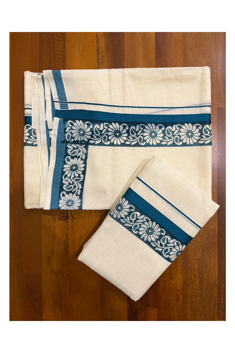 Kerala Cotton Kasavu Single Set Mundu (Mundum Neriyathum) with Blue Kara and  Block prints (Onam 2024 Collection)