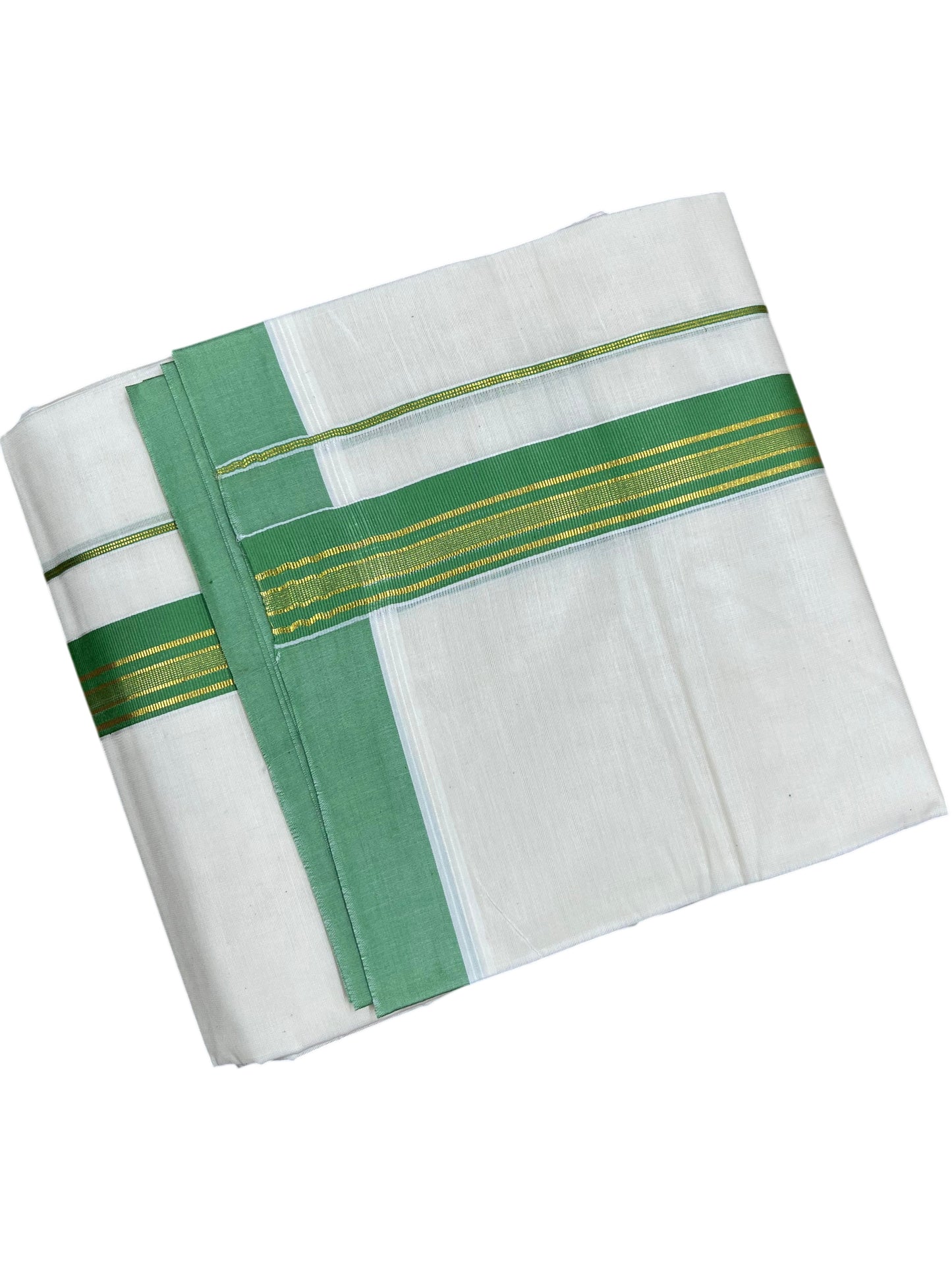 Southloom Pure Cotton Mundu with Green & Gold Kasavu Border (South Indian Kerala Dhoti)