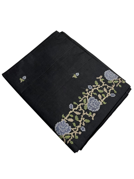 Southloom Cotton Saree with Floral Embroidery Works Across Body in Black