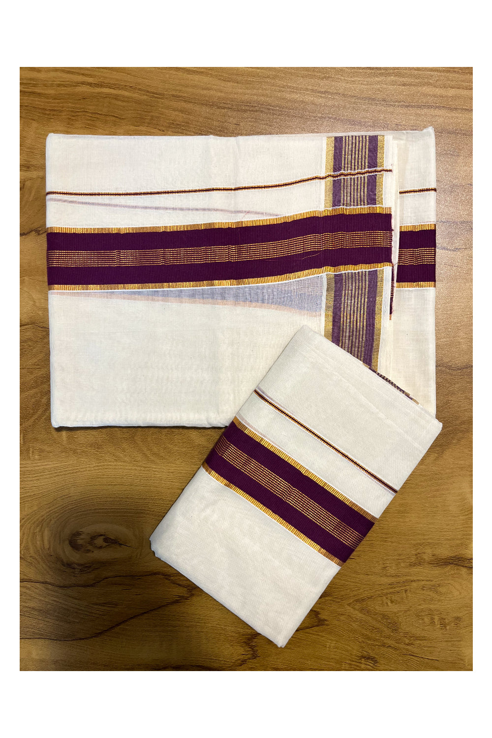 Kerala Cotton Mundum Neriyathum Single (Set Mundu) with Dark Violet and Kasavu Border