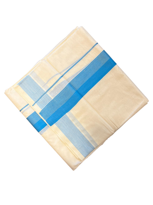 Southloom Kerala Pure Cotton Double Mundu with Silver Lines & Blue Border (South Indian Dhoti)