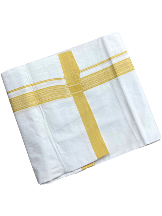 Southloom Pure White Cotton Mundu with Yellow Lines Border (South Indian Kerala Dhoti)