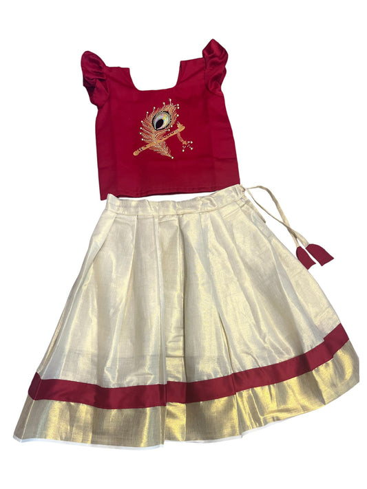 Southloom Kerala And Red Tissue Kasave Pavada Blouse with Embroidery Work for Kids (Age 3)