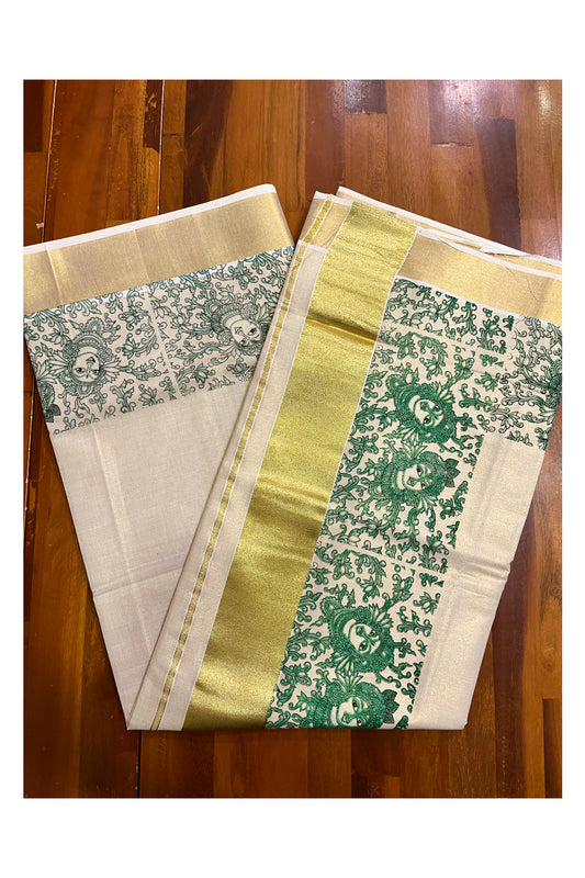 Kerala Tissue Kasavu Saree with Green Krishna Radha Floral Prints on Border And Pallu. (Vishu 2024 Collection)