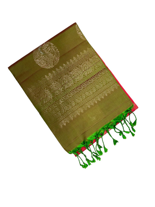 Southloom Pure Handloom Kanchipuram Silk Saree with Butta Work (Green & Red)