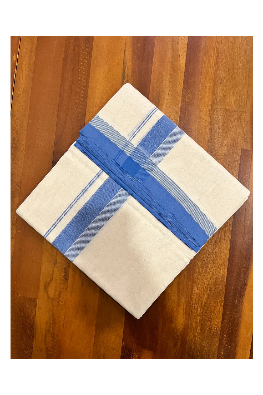 Pure Cotton 100x100 Double Mundu with Blue Line Border (South Indian Kerala Dhoti)