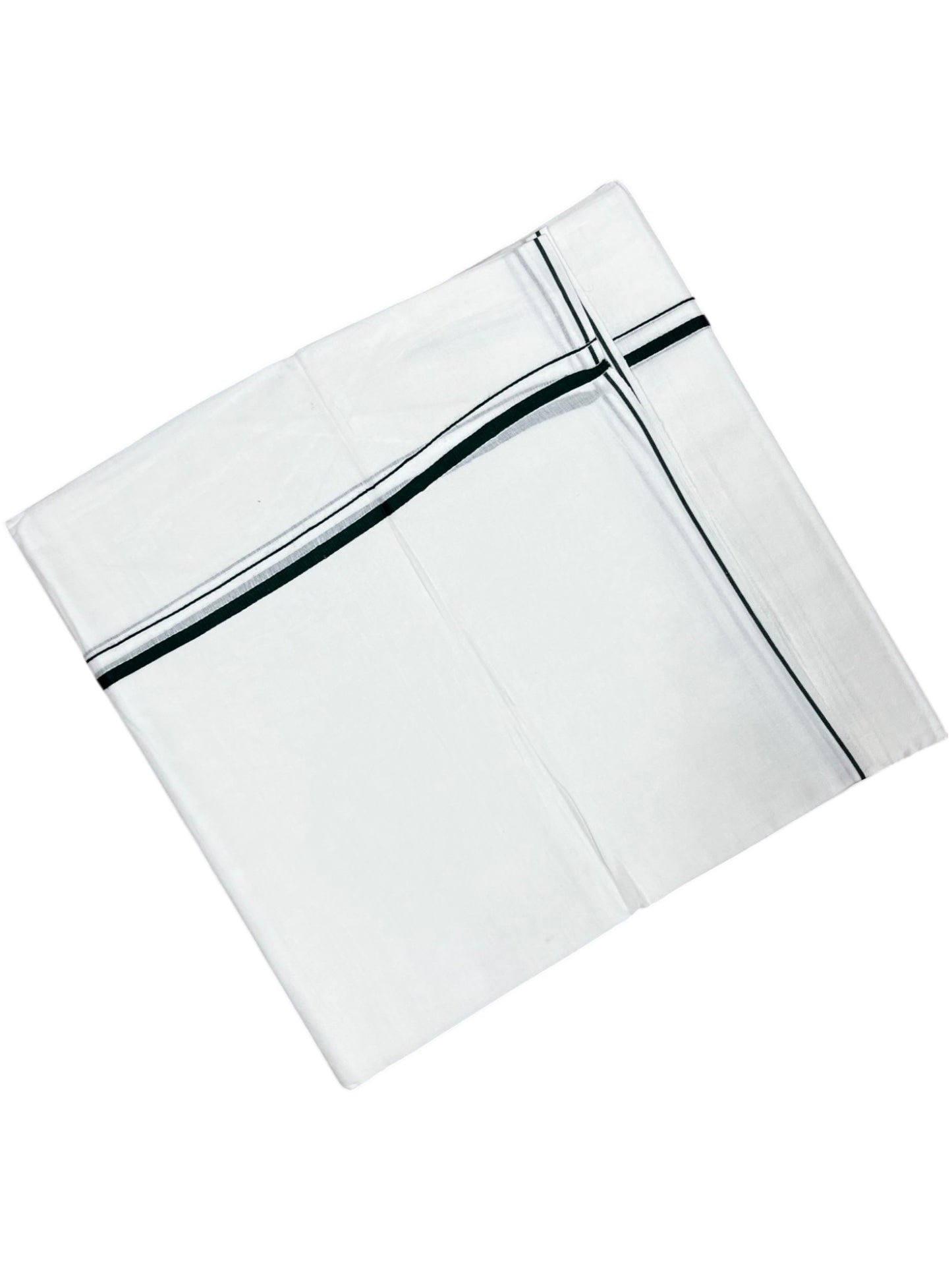 Southloom Pure White Cotton Double Mundu with Green Puliyilakkara (South Indian Dhoti)