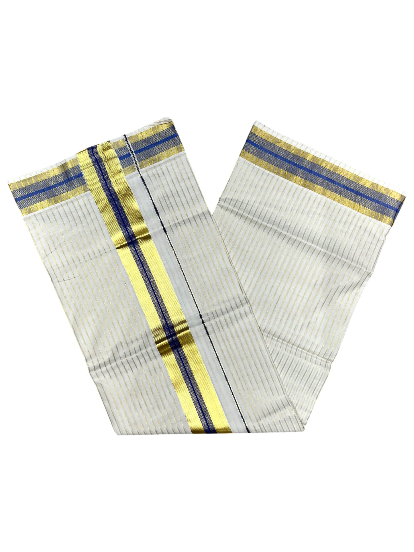 Southloom Pure Cotton Kerala Kasavu Lines Design Saree with Blue Border