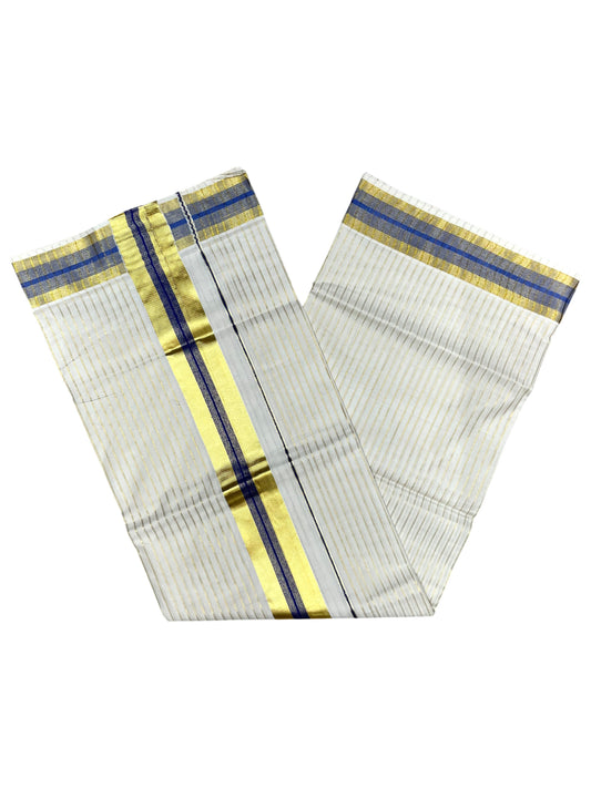 Southloom Pure Cotton Kerala Kasavu Lines Design Saree with Blue Border