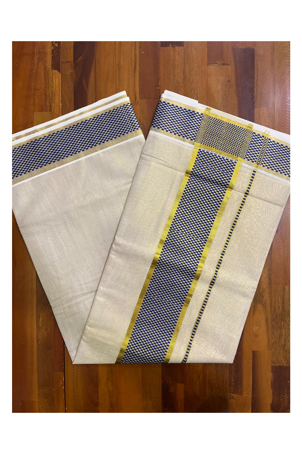 Kerala Kasavu Tissue Saree with Blue Paa Neythu Border