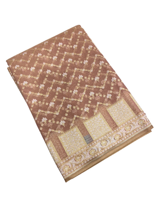 Southloom Cotton Banarasi Silk Saree with Woven Work on Body and Borders (Brown)