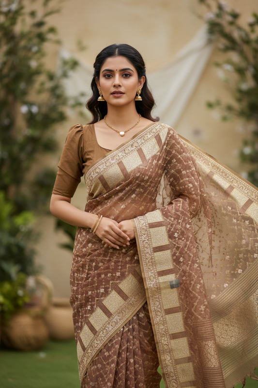 Southloom Cotton Banarasi Silk Saree with Woven Work on Body and Borders (Brown)