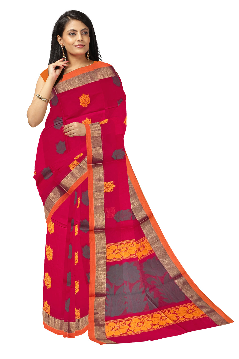 Southloom Cotton Red Saree with Woven Butta Works on Body and Pallu