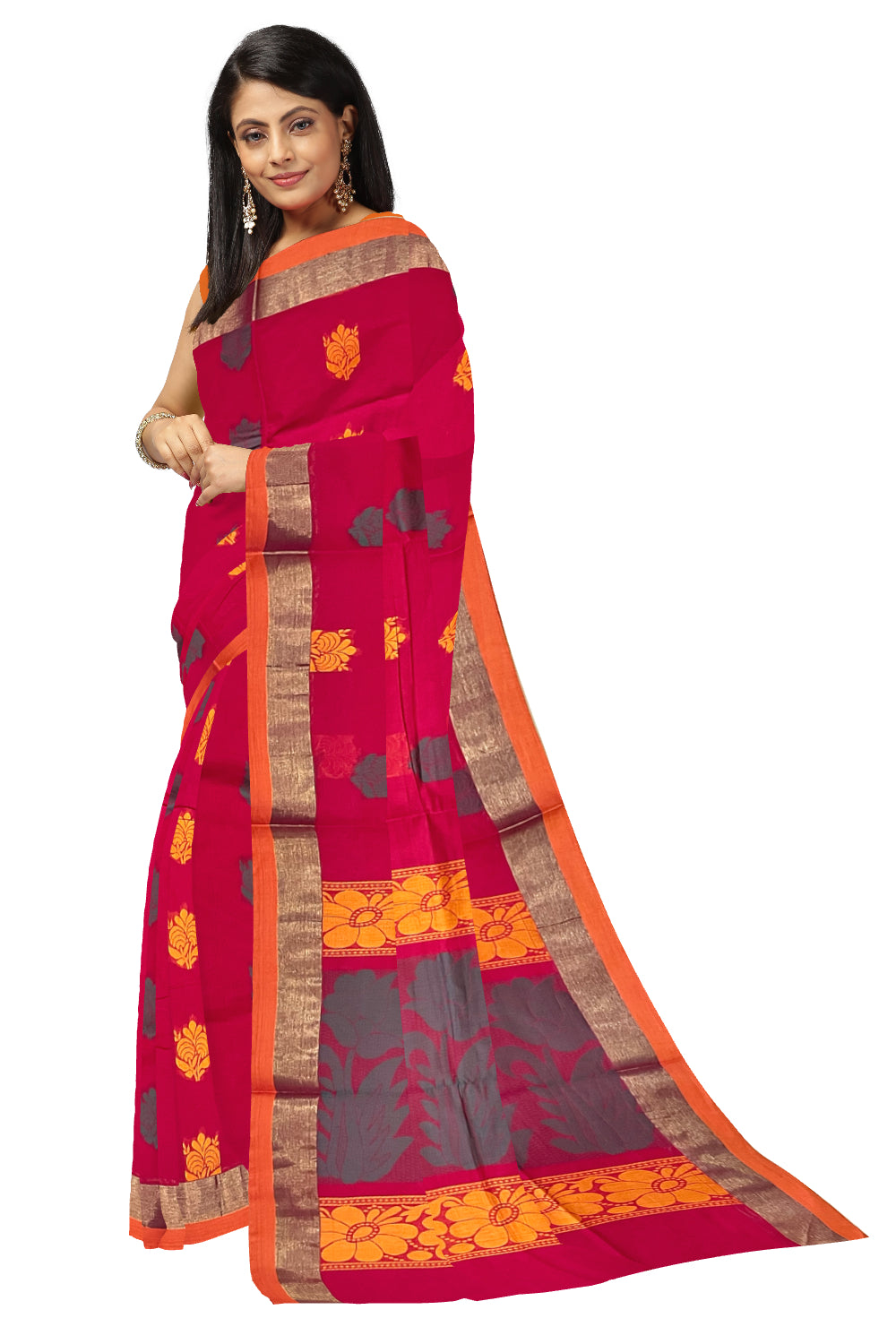 Southloom Cotton Red Saree with Woven Butta Works on Body and Pallu